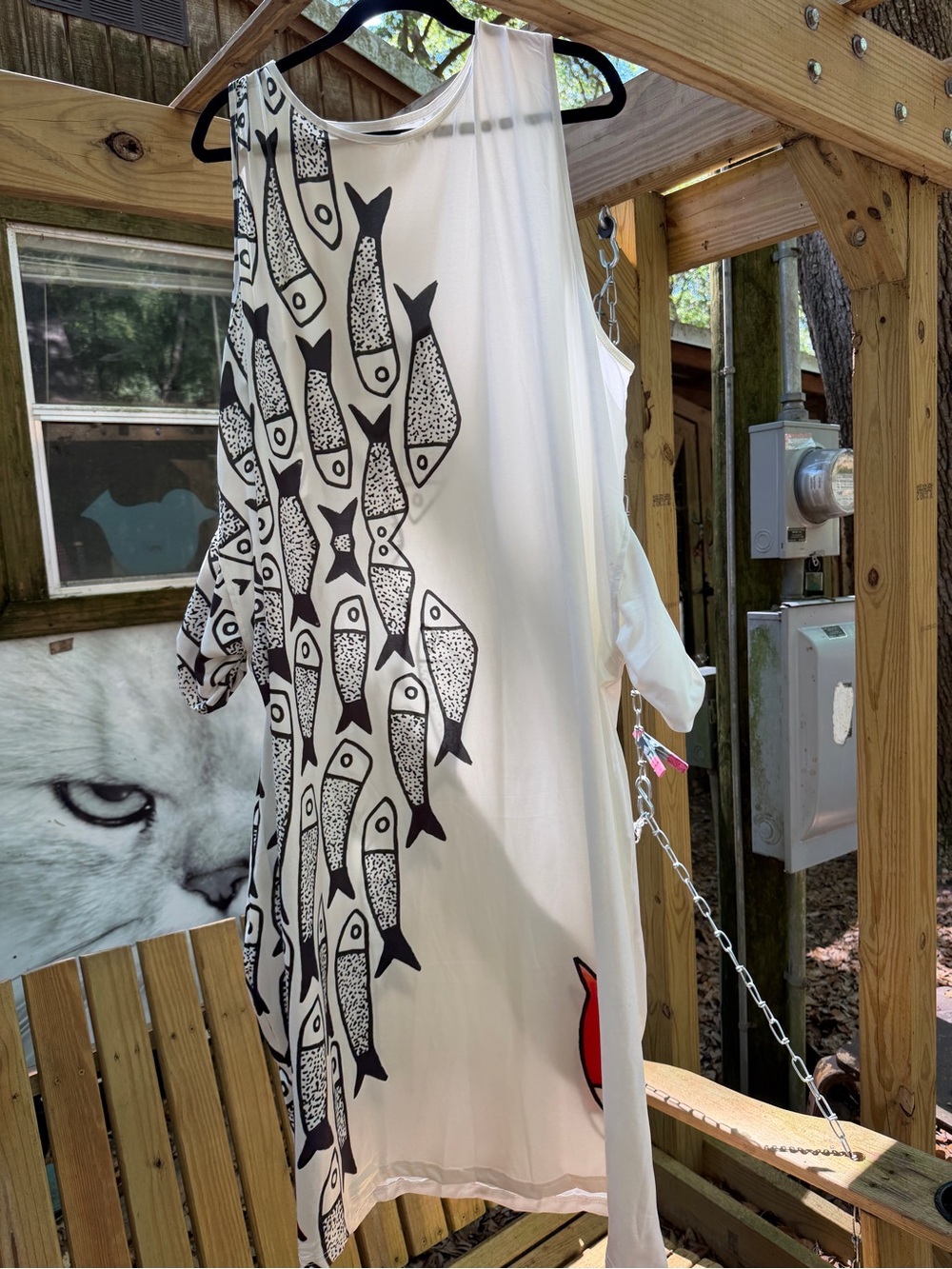 SHEIN White Swim Coverup with Black Fish Print and Red Accent plus 5x w pockets
